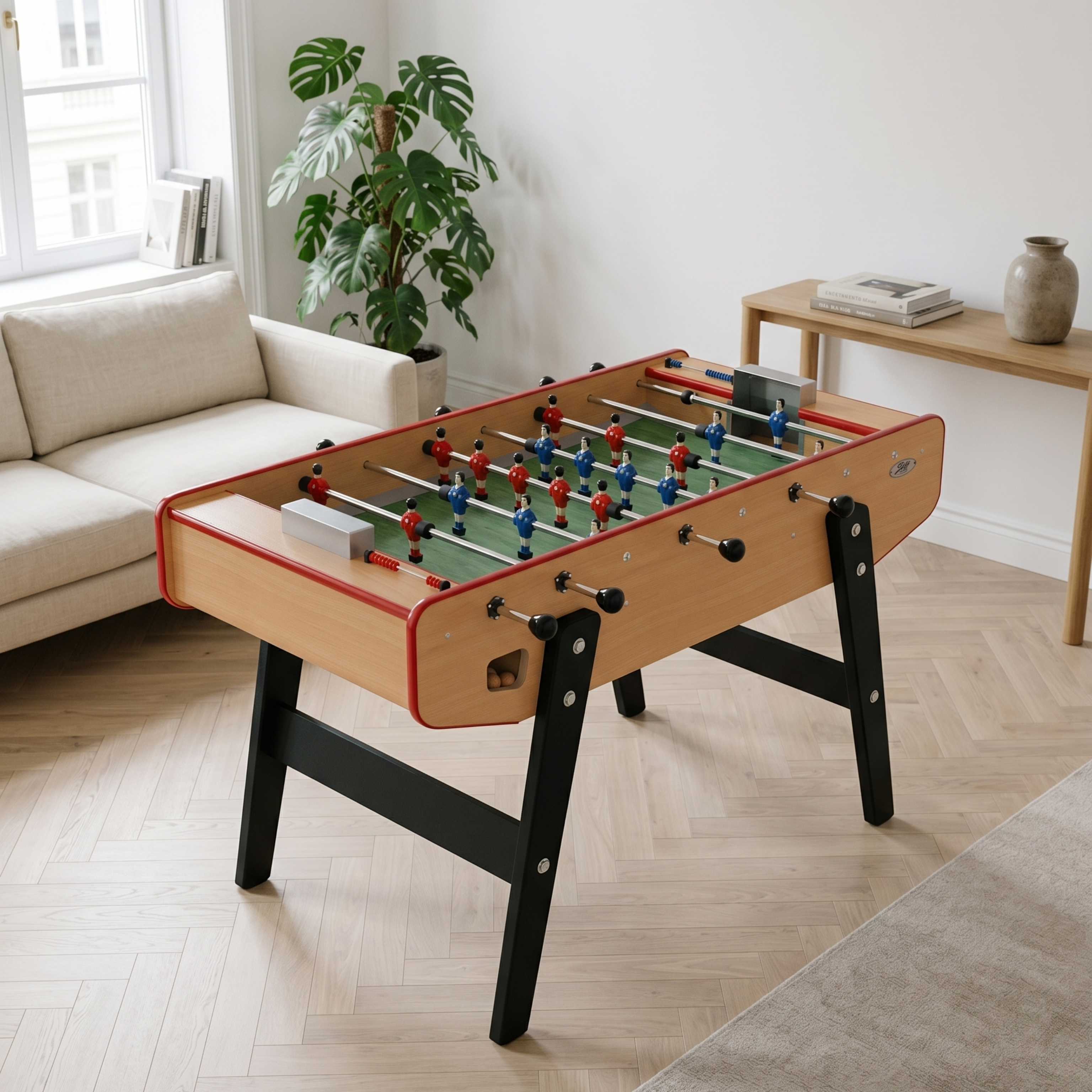 Baby-foot Stella Club finition hêtre installé dans un salon chaleureux et naturel, l'esprit authentique des bars français dans une finition bois clair qui s'intègre parfaitement dans un intérieur convivial.